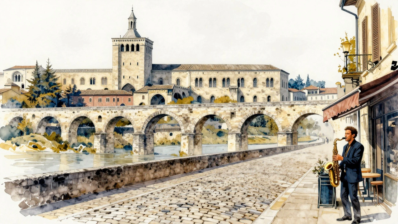 A street in Avignon showing Roman ruins, medieval palace, and modern jazz musician in layered transparent tones.