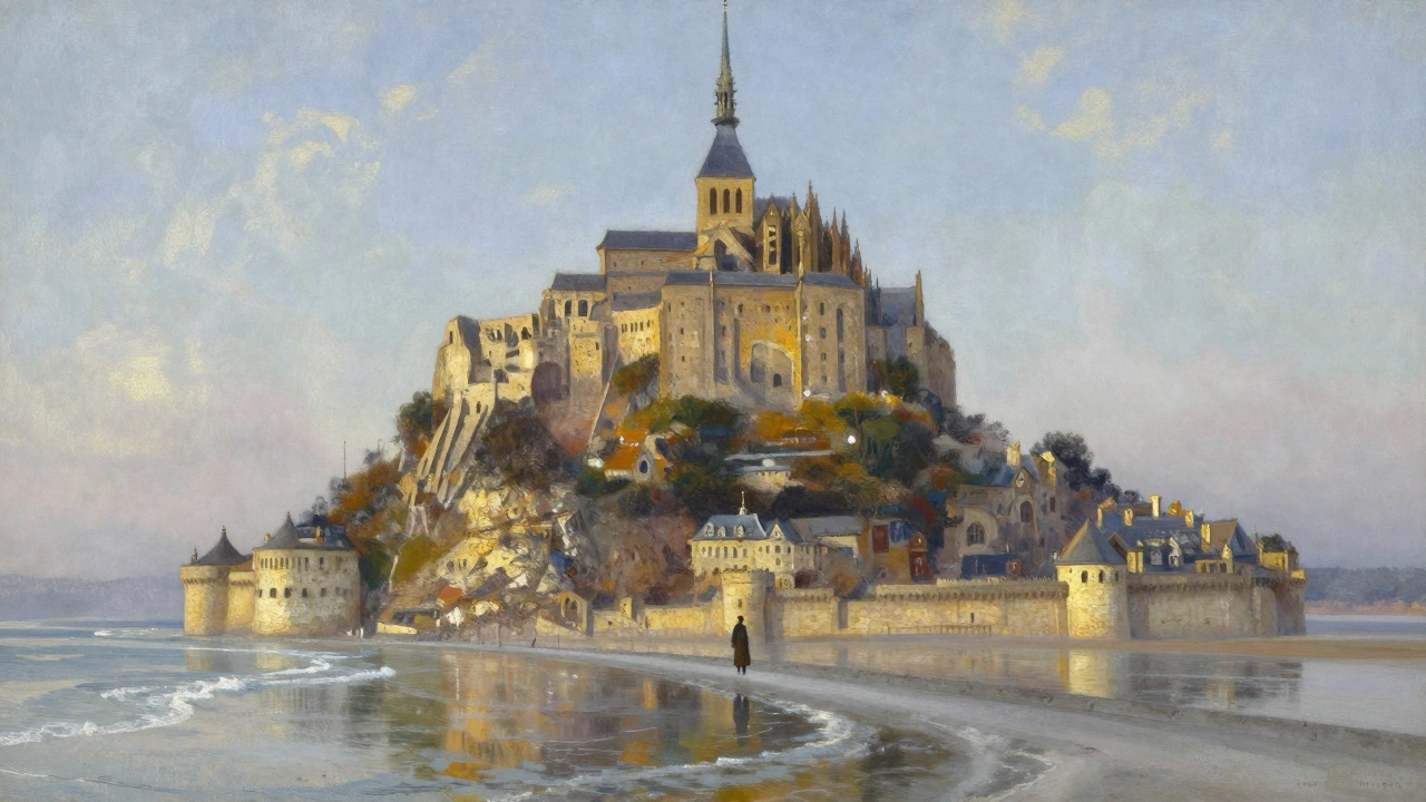 Mont Saint-Michel at high tide, its abbey reflected in the sea with mist rising around the causeway.